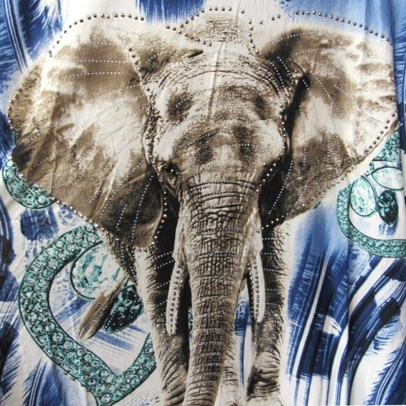 Women's Blue Elephant Print Short Sleeve Stretchy Graphic Shirt Sparkle Top - Picture 2 of 3
